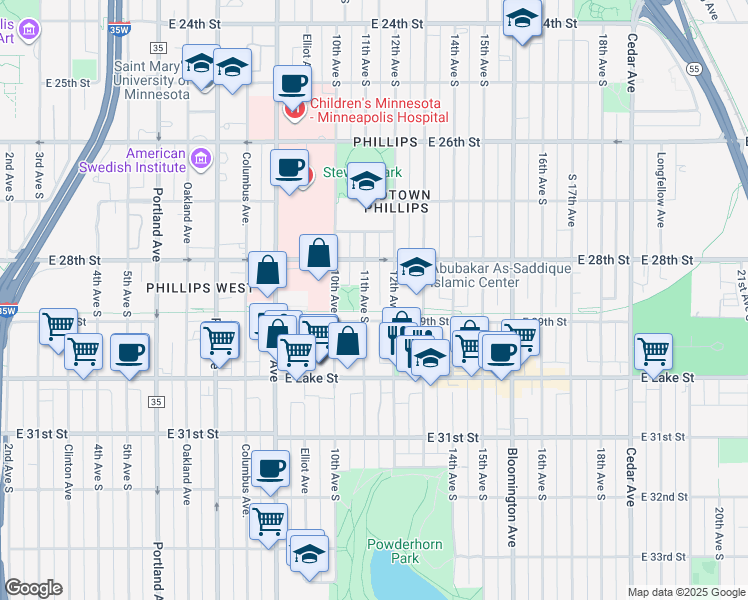 map of restaurants, bars, coffee shops, grocery stores, and more near 2835 11th Avenue South in Minneapolis