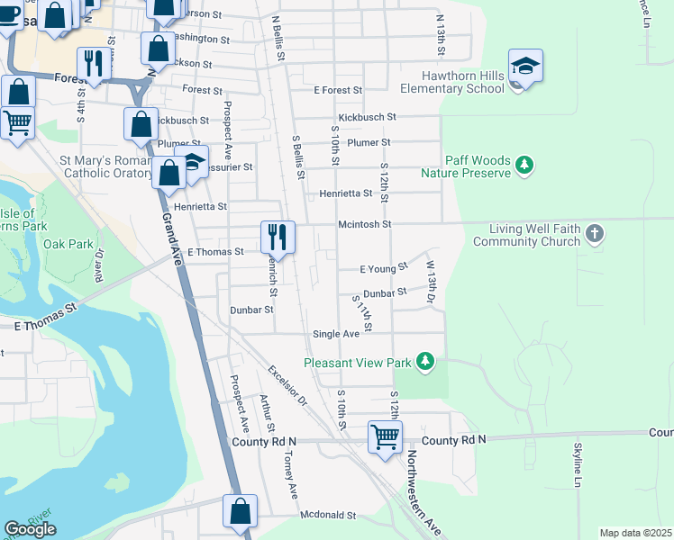 map of restaurants, bars, coffee shops, grocery stores, and more near 798 South 10th Street in Wausau