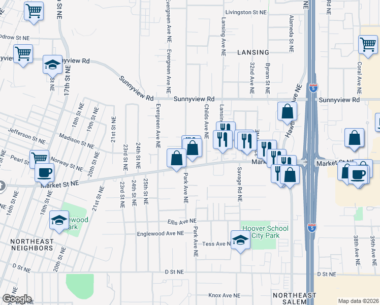 map of restaurants, bars, coffee shops, grocery stores, and more near 1728-1764 Park Avenue Northeast in Salem