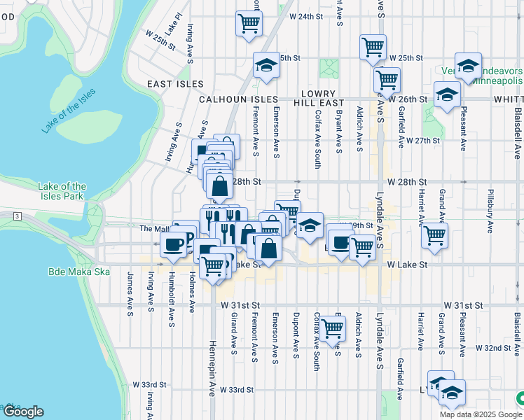 map of restaurants, bars, coffee shops, grocery stores, and more near 2835 Fremont Avenue South in Minneapolis