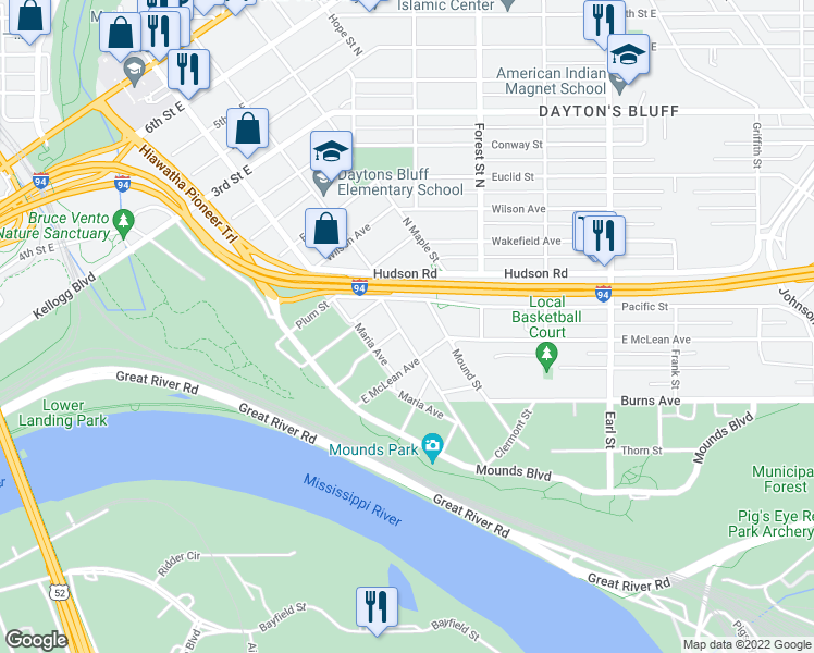 map of restaurants, bars, coffee shops, grocery stores, and more near 148 Bates Avenue in Saint Paul