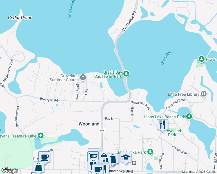 map of restaurants, bars, coffee shops, grocery stores, and more near 2823 McKenzie Point Road in Wayzata