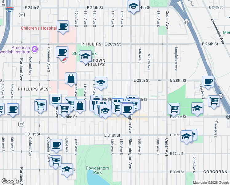 map of restaurants, bars, coffee shops, grocery stores, and more near 2841 14th Avenue South in Minneapolis