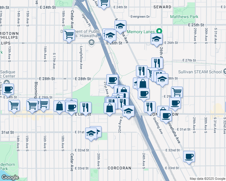 map of restaurants, bars, coffee shops, grocery stores, and more near 2801 21st Avenue South in Minneapolis