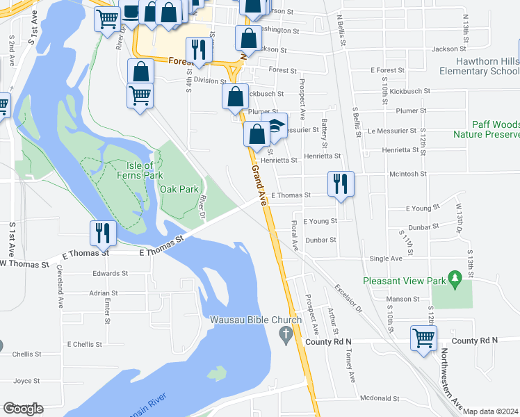 map of restaurants, bars, coffee shops, grocery stores, and more near 700 Grand Avenue in Wausau