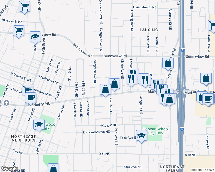 map of restaurants, bars, coffee shops, grocery stores, and more near 1729-1777 Park Avenue Northeast in Salem