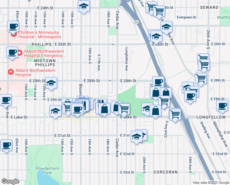 map of restaurants, bars, coffee shops, grocery stores, and more near 2830 Cedar Avenue in Minneapolis