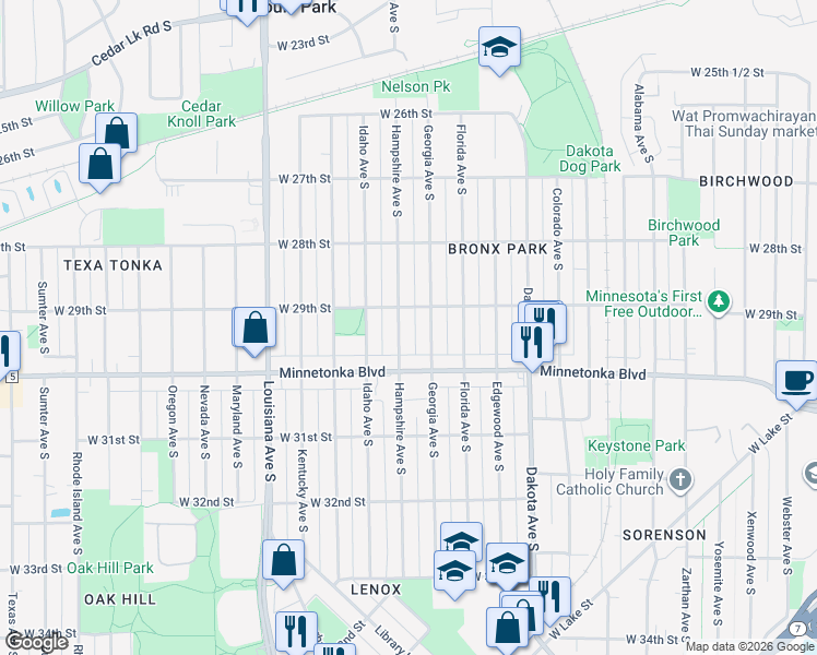 map of restaurants, bars, coffee shops, grocery stores, and more near 2924 Hampshire Avenue South in Minneapolis