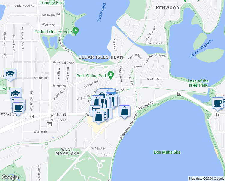 map of restaurants, bars, coffee shops, grocery stores, and more near 3141 Dean Court in Minneapolis