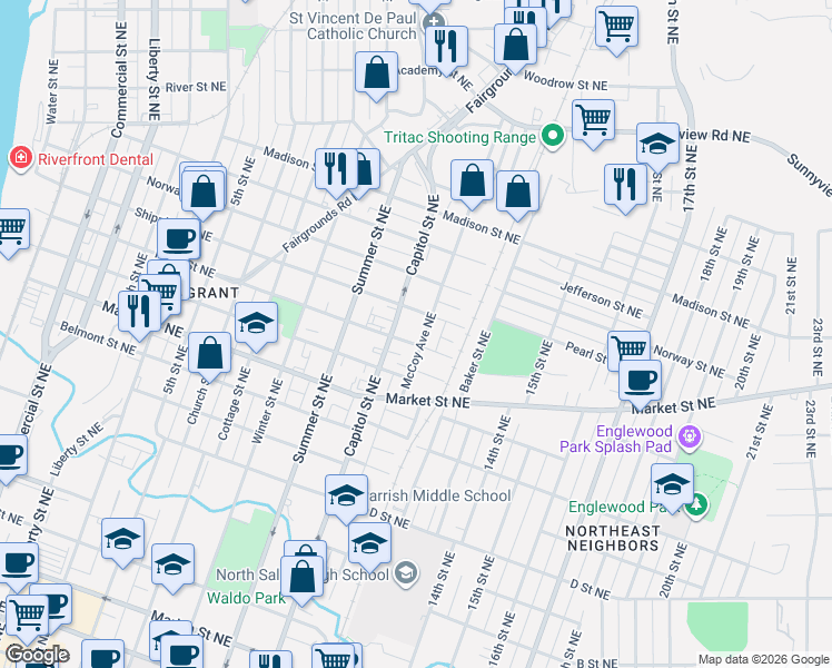 map of restaurants, bars, coffee shops, grocery stores, and more near 1410 McCoy Avenue Northeast in Salem