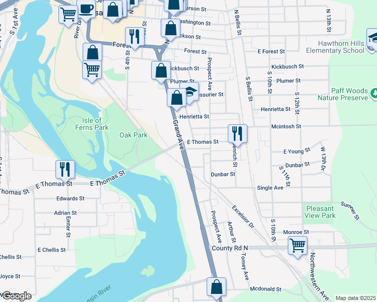 map of restaurants, bars, coffee shops, grocery stores, and more near 815 Grand Avenue in Wausau