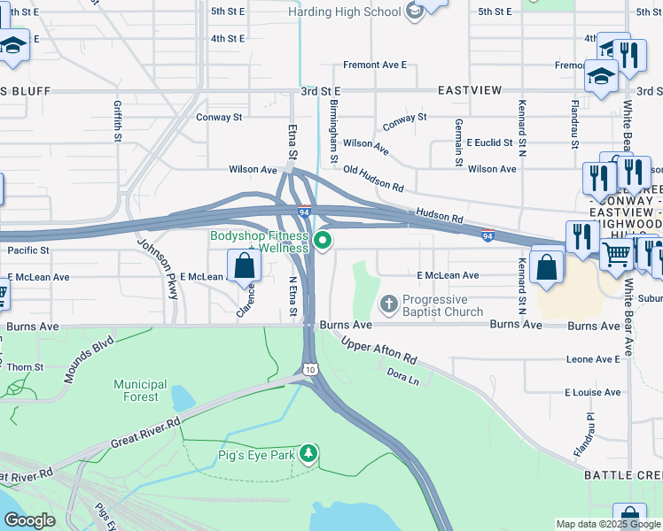 map of restaurants, bars, coffee shops, grocery stores, and more near 310 Birmingham Street in Saint Paul