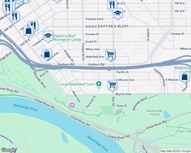 map of restaurants, bars, coffee shops, grocery stores, and more near 992 East McLean Avenue in Saint Paul