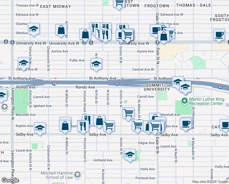 map of restaurants, bars, coffee shops, grocery stores, and more near 751 Carroll Avenue in Saint Paul