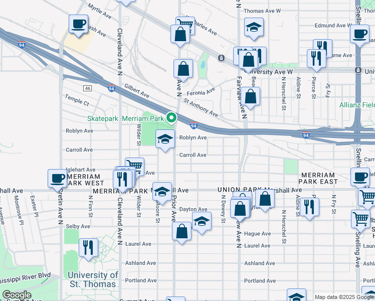 map of restaurants, bars, coffee shops, grocery stores, and more near 1918 Carroll Avenue in Saint Paul