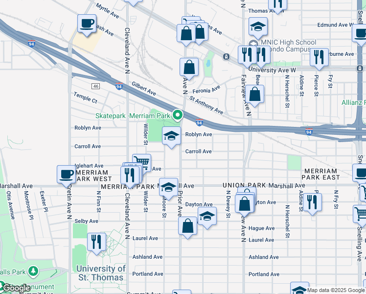 map of restaurants, bars, coffee shops, grocery stores, and more near 318 North Moore Street in Saint Paul