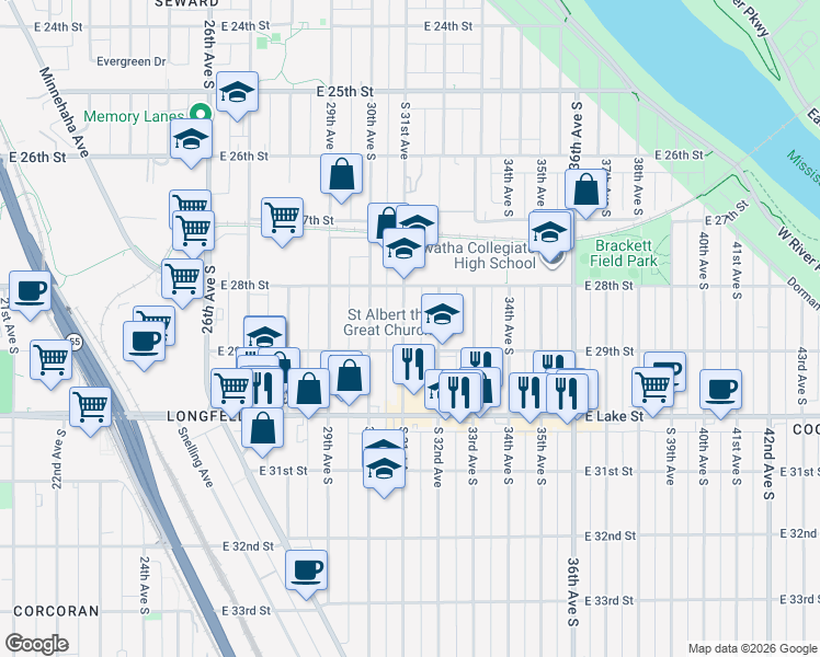 map of restaurants, bars, coffee shops, grocery stores, and more near 3114 East 29th Street in Minneapolis