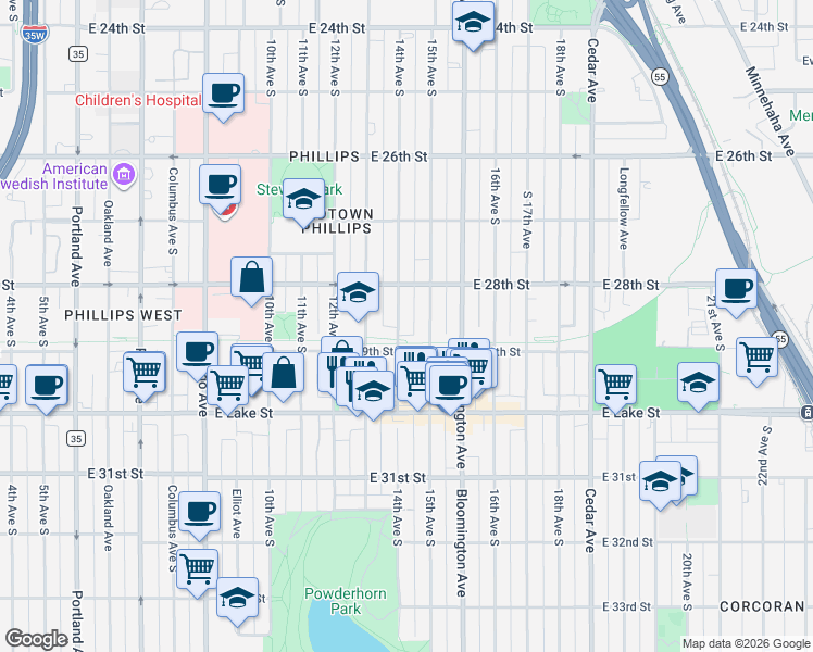 map of restaurants, bars, coffee shops, grocery stores, and more near 2841 14th Avenue South in Minneapolis