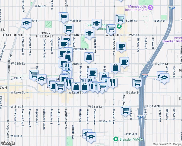 map of restaurants, bars, coffee shops, grocery stores, and more near 2848 Pleasant Avenue in Minneapolis