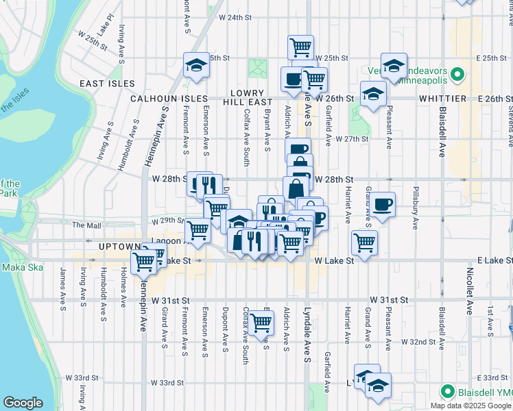 map of restaurants, bars, coffee shops, grocery stores, and more near 2890 Bryant Avenue South in Minneapolis