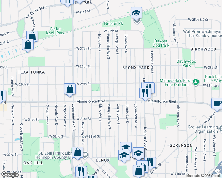 map of restaurants, bars, coffee shops, grocery stores, and more near 2924 Hampshire Avenue South in Minneapolis