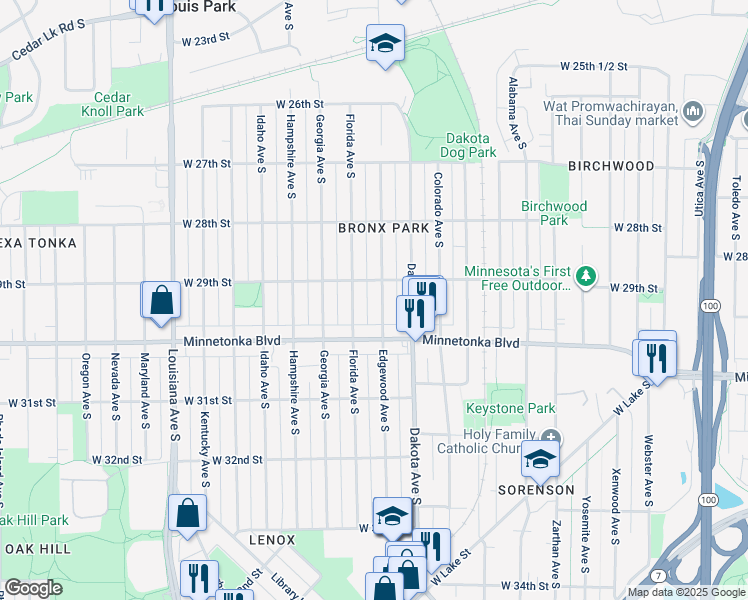 map of restaurants, bars, coffee shops, grocery stores, and more near 2925 Edgewood Avenue South in Minneapolis