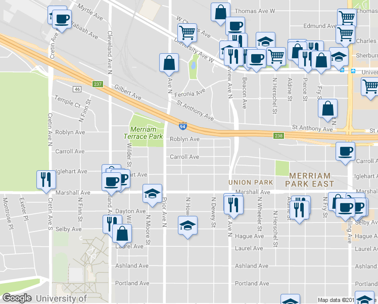 map of restaurants, bars, coffee shops, grocery stores, and more near 1901 Carroll Avenue in Saint Paul
