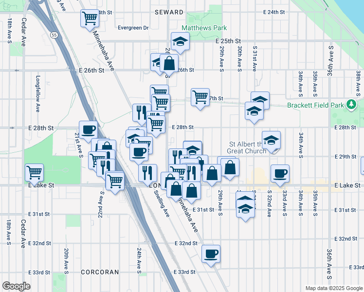 map of restaurants, bars, coffee shops, grocery stores, and more near 2616 East 29th Street in Minneapolis