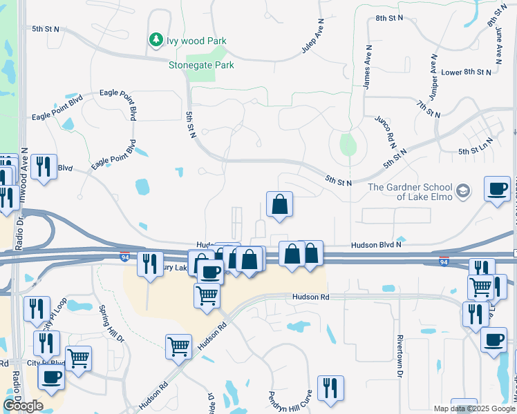 map of restaurants, bars, coffee shops, grocery stores, and more near 9220 Hudson Boulevard North in Lake Elmo