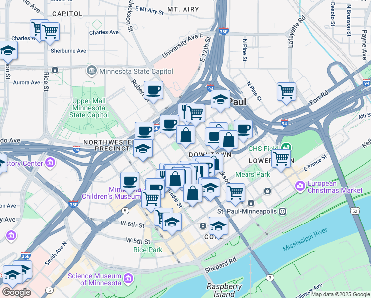 map of restaurants, bars, coffee shops, grocery stores, and more near 109 9th Street East in Saint Paul