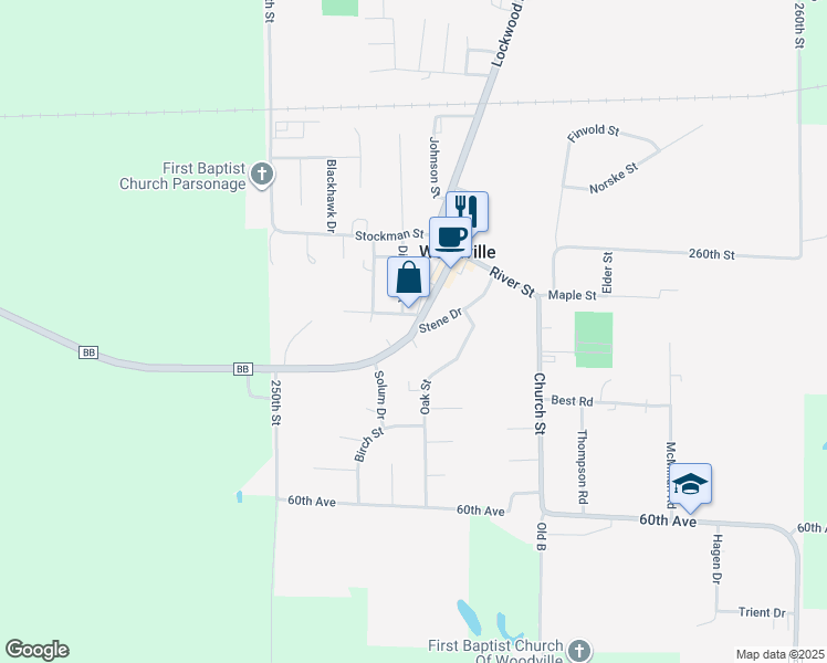 map of restaurants, bars, coffee shops, grocery stores, and more near 213 South Main Street in Woodville
