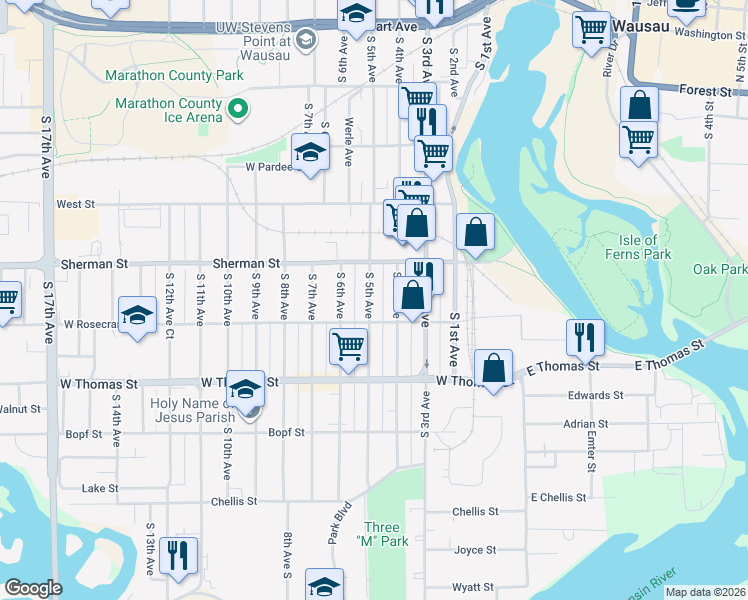 map of restaurants, bars, coffee shops, grocery stores, and more near 933 South 5th Avenue in Wausau