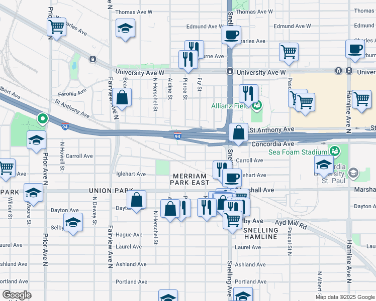 map of restaurants, bars, coffee shops, grocery stores, and more near 315 Pierce Street in Saint Paul
