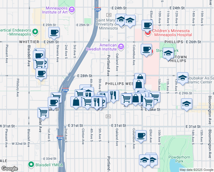 map of restaurants, bars, coffee shops, grocery stores, and more near 2841 South 5th Avenue in Minneapolis