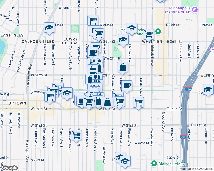 map of restaurants, bars, coffee shops, grocery stores, and more near 2833 Garfield Avenue in Minneapolis