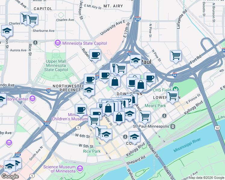 map of restaurants, bars, coffee shops, grocery stores, and more near Robert Street North in Saint Paul