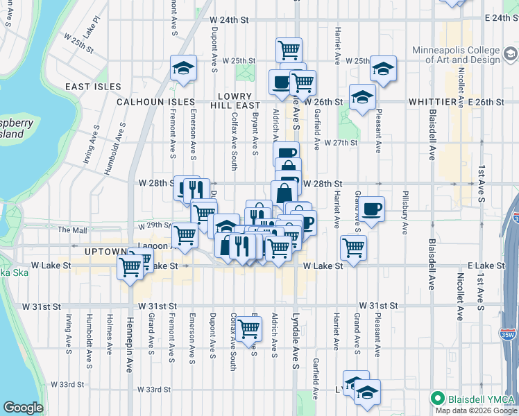 map of restaurants, bars, coffee shops, grocery stores, and more near 2841 Bryant Avenue South in Minneapolis