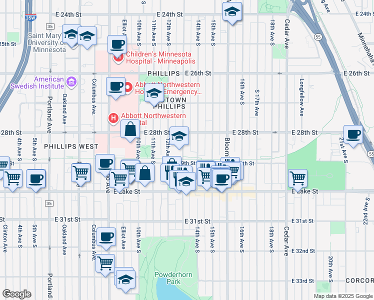 map of restaurants, bars, coffee shops, grocery stores, and more near 2833 13th Avenue South in Minneapolis