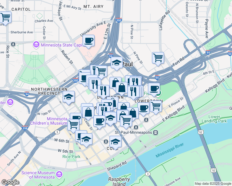 map of restaurants, bars, coffee shops, grocery stores, and more near 191 East 7th Street in Saint Paul