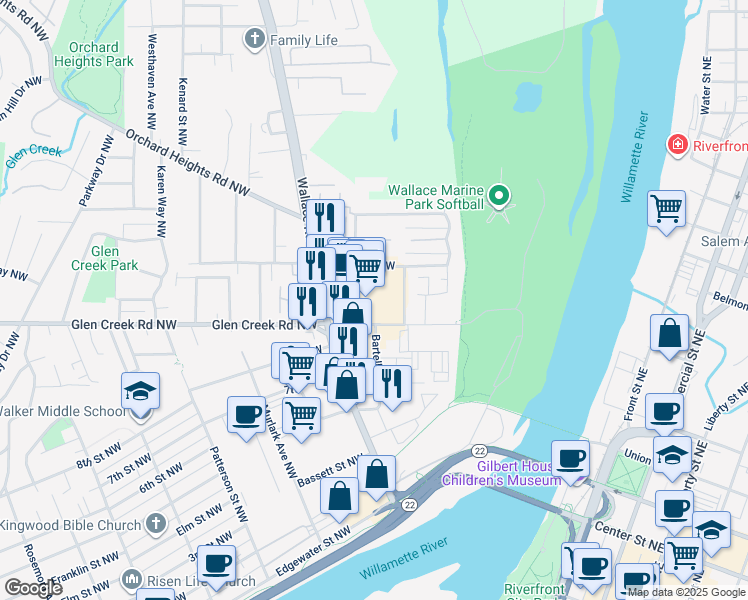 map of restaurants, bars, coffee shops, grocery stores, and more near 400 Glen Creek Road Northwest in Salem