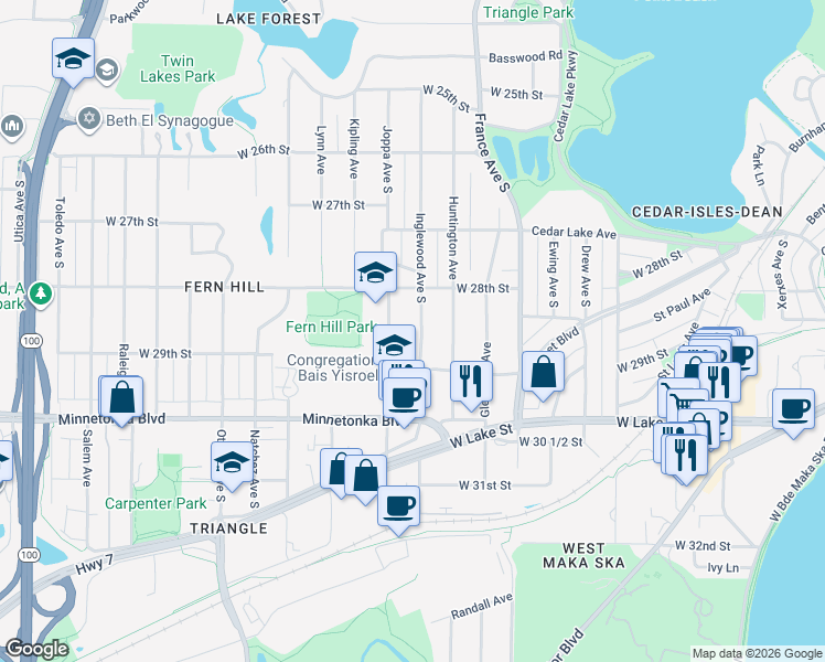 map of restaurants, bars, coffee shops, grocery stores, and more near 2846 Inglewood Avenue South in Minneapolis