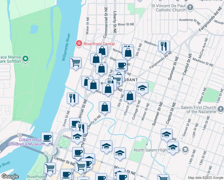 map of restaurants, bars, coffee shops, grocery stores, and more near 1127 Broadway Street Northeast in Salem