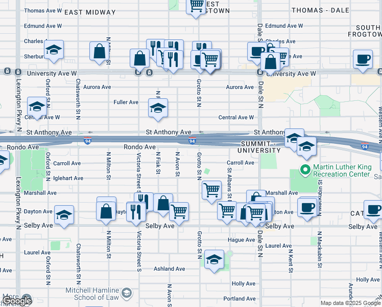 map of restaurants, bars, coffee shops, grocery stores, and more near 751 Carroll Avenue in Saint Paul