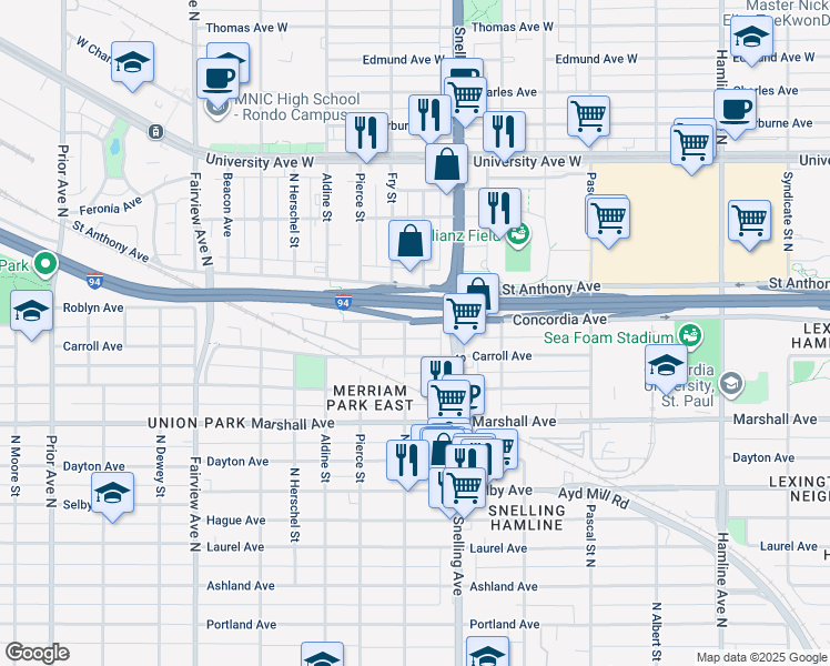map of restaurants, bars, coffee shops, grocery stores, and more near 1601 Carroll Avenue in Saint Paul