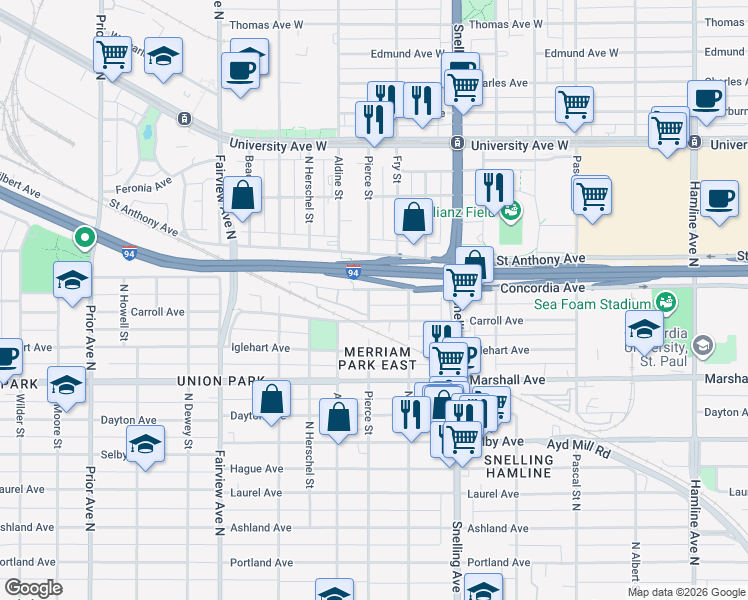 map of restaurants, bars, coffee shops, grocery stores, and more near 315 Pierce Street in Saint Paul