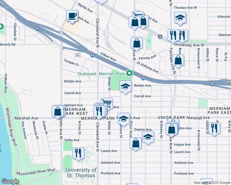 map of restaurants, bars, coffee shops, grocery stores, and more near 1990 Carroll Avenue in Saint Paul