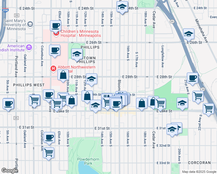 map of restaurants, bars, coffee shops, grocery stores, and more near 2833 Bloomington Avenue in Minneapolis