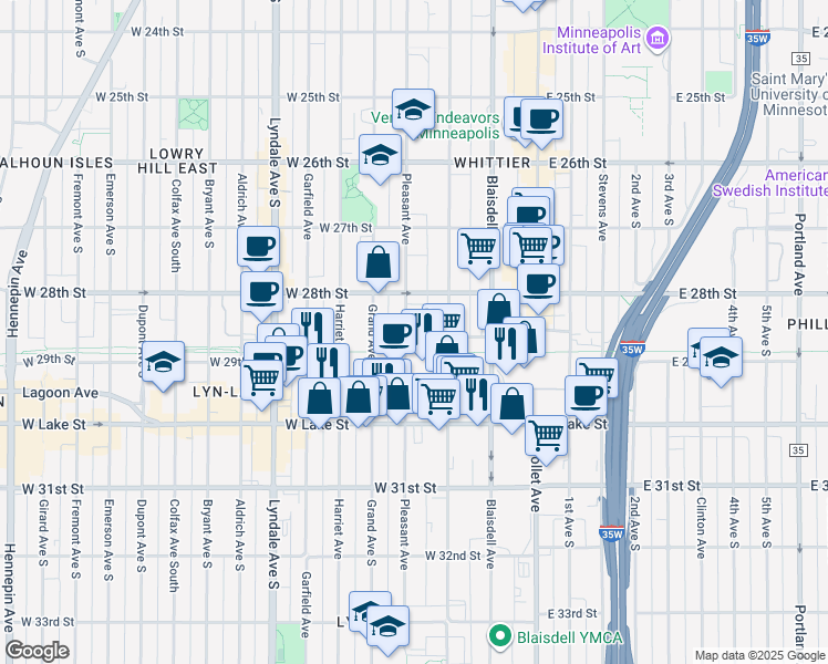 map of restaurants, bars, coffee shops, grocery stores, and more near 211 West 29th Street in Minneapolis