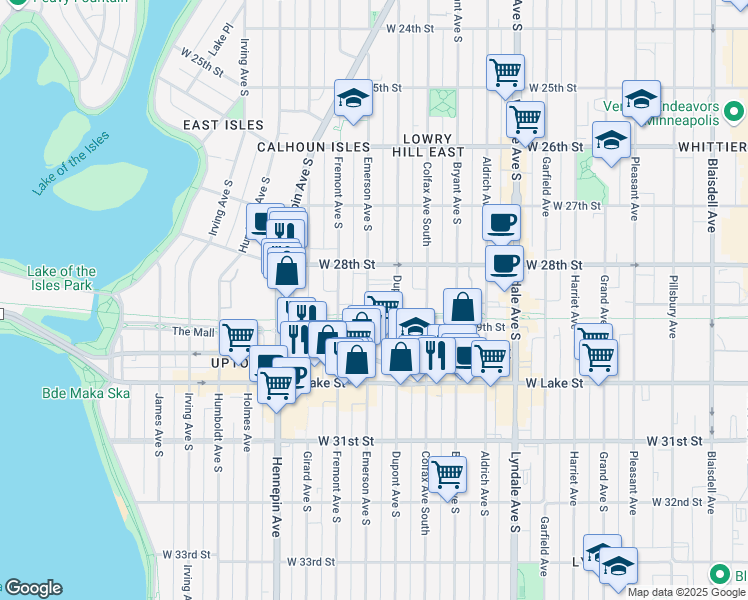 map of restaurants, bars, coffee shops, grocery stores, and more near 2839 Emerson Avenue South in Minneapolis