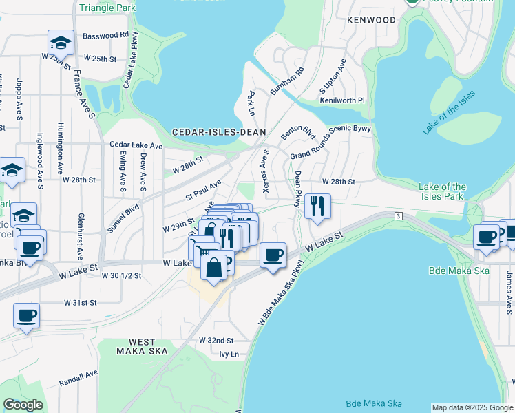 map of restaurants, bars, coffee shops, grocery stores, and more near 3141 Dean Court in Minneapolis